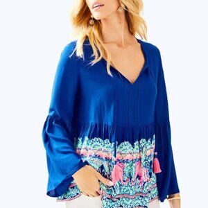 LILLY PULITZER Kahli Blue Long Bell Sleeve Top Size Small
